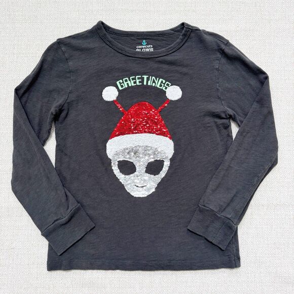 Crewcuts Flip Sequin T Shirt Boy's Gray Alien Glow In The Dark Long Sleeve Tee - Picture 1 of 12